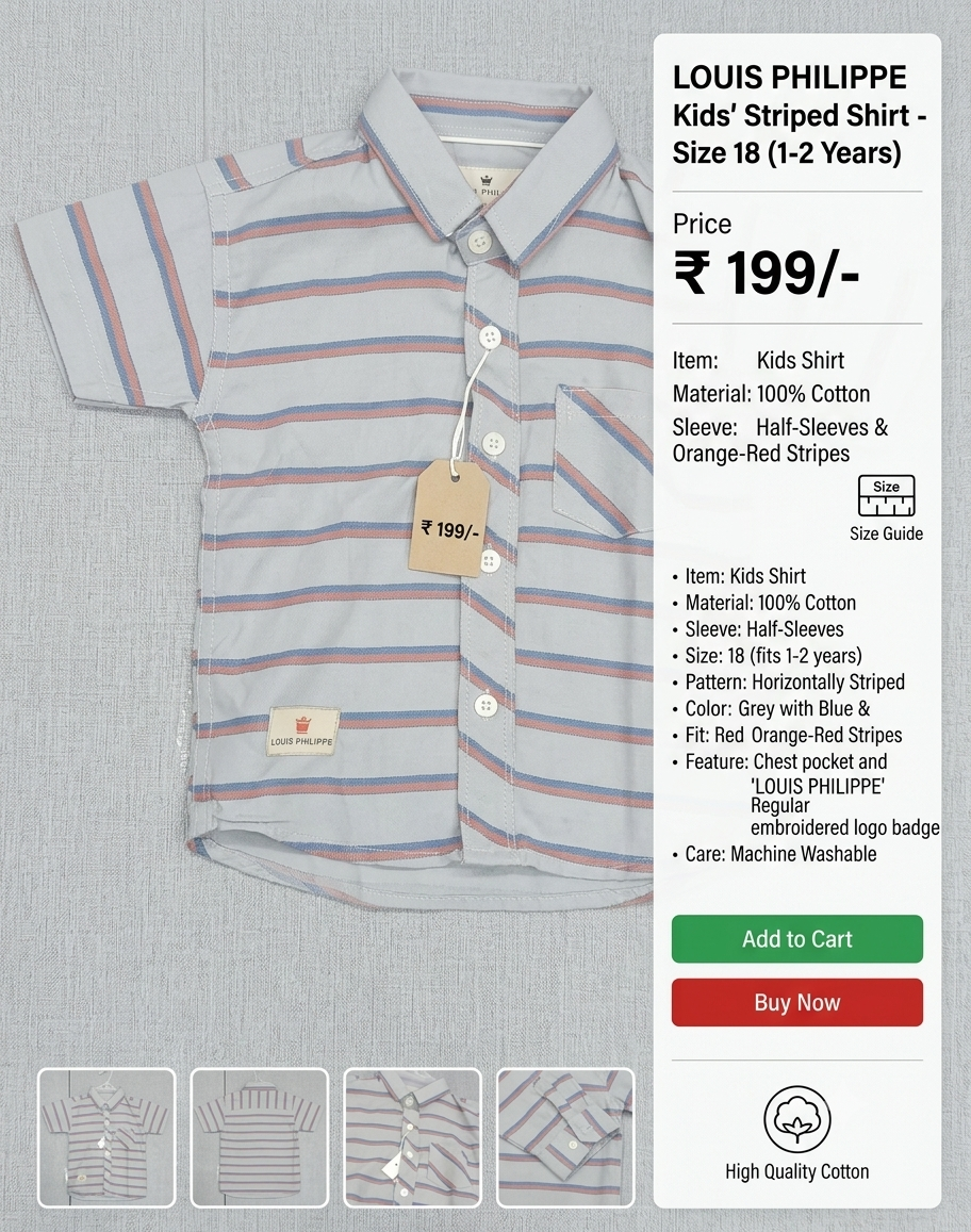 1791031195432 Louis Philippe Kids’ Striped Cotton Shirt – Grey with Blue & Orange-Red Stripes - Image 1